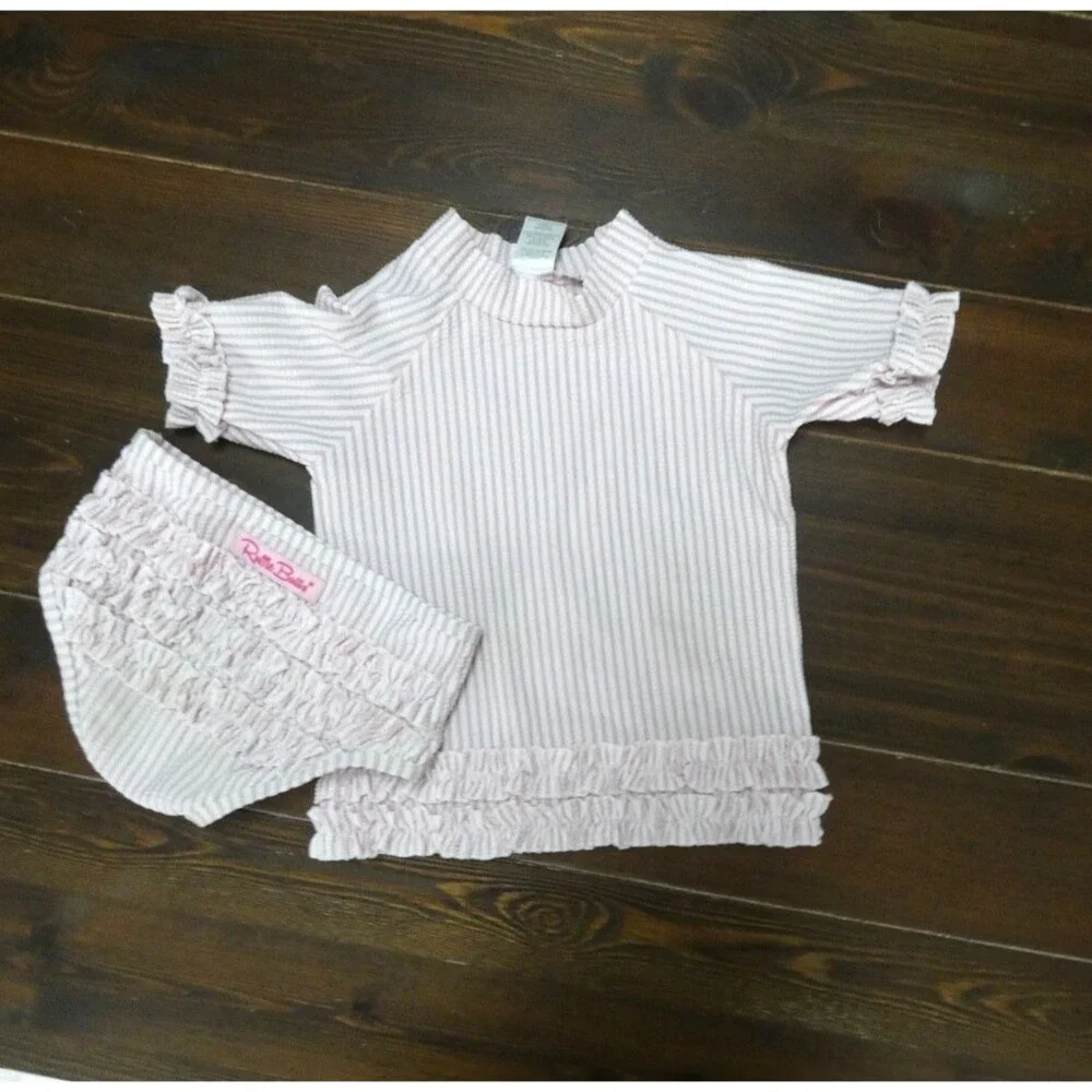 Ruffle Butts Girls 3T Swim Suit Set Pink White Striped Long Sleeve Top & Bottom